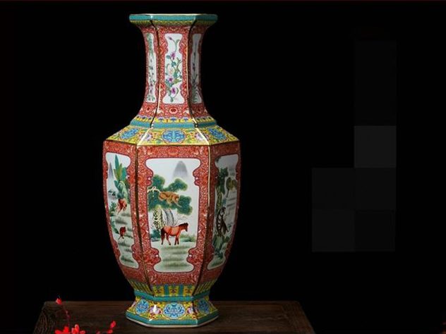 景德镇花瓶陶瓷器珐琅彩粉彩礼品仿古摆件生肖六方瓶中式艺术装饰